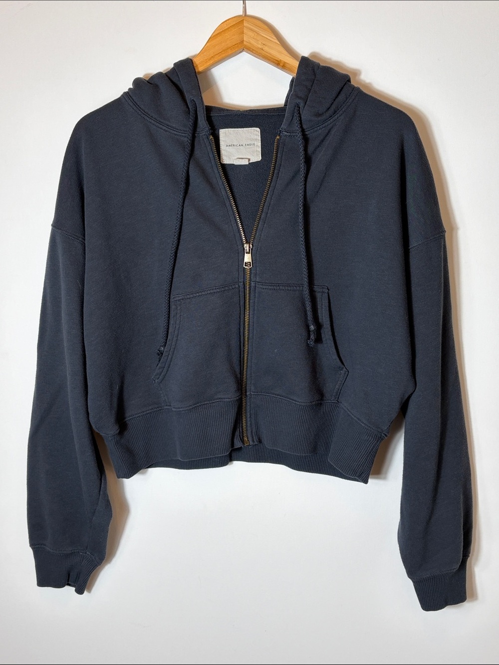 American Eagle Cropped Zip Hoodie Gray Oversized Fleece Sweatshirt Medium